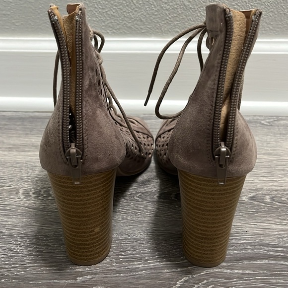 Qupid Faux Suede Lace Up Peep Toe Ankle Bootie Laser Cut 3 inch Block Heel Taupe - Picture 7 of 17